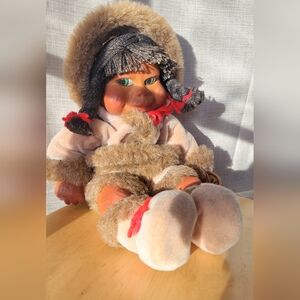 90's VTG Wooden Doll Naber Kids Natasha Handcrafted Wooden Eskimo Doll Fur Outfi